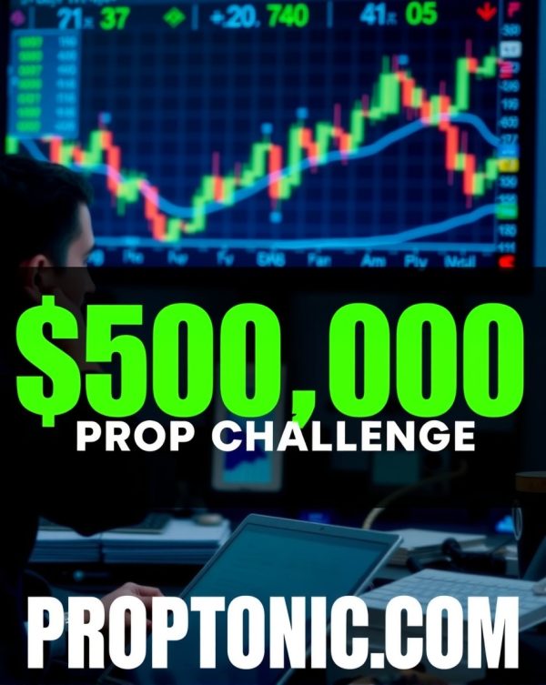 A group of excited traders participating in the PROPTONIC $500,000 Challenge, showcasing their trading skills.