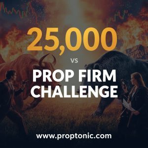 ster showing a $25,000 prop firm trading challenge with bulls, bears, candlesticks, and traders in the background.